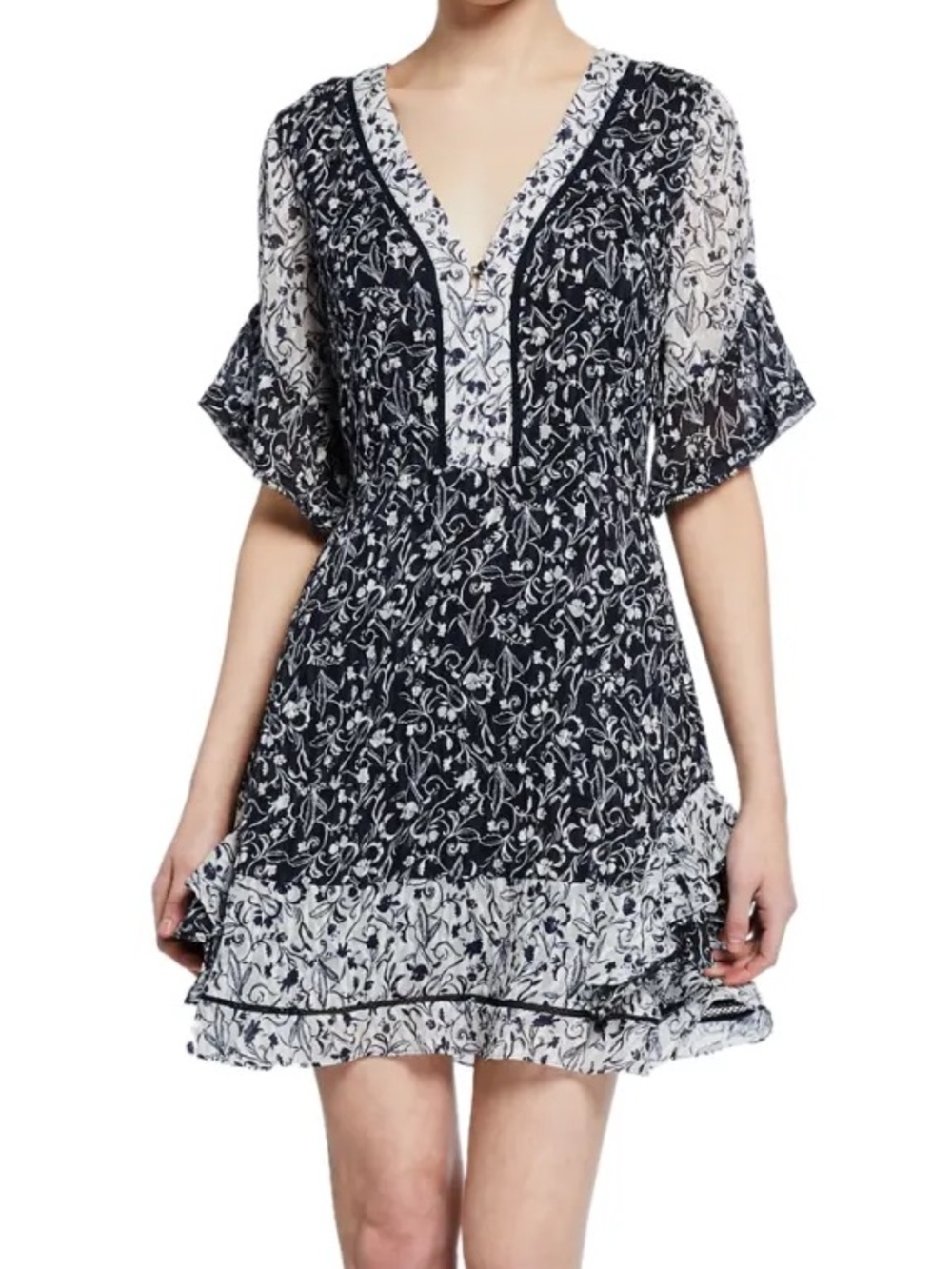 Tanya Taylor Kayla Contrast Silk Floral Ruffle Mini Dress